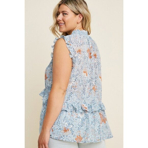 Hayden Plus Blue Mix Floral High Smock Neck Ruffle Top - Picture 5 of 5